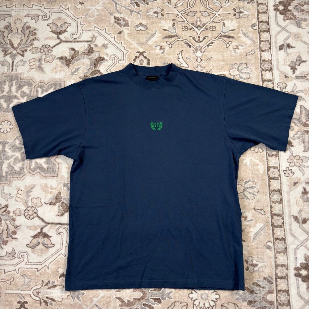 Balenciaga Laurel Classic T-Shirt Navy Green BB Logo Medium Fit Vintage Jersey S